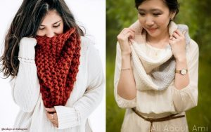 Two women wearing cozy neck accessories, one flaunting a crocheted neck warmer in red and the other adorned with a gradient-patterned scarf, each enjoying a distinct outdoor setting.