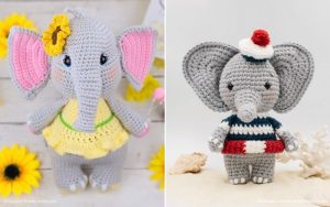 Two crocheted elephant toys: left in a yellow dress with a flower headpiece, right in a sailor outfit with a red and white hat. Sunflowers and small seashells adorn the background, showcasing charming Amigurumi Elephant Patterns.