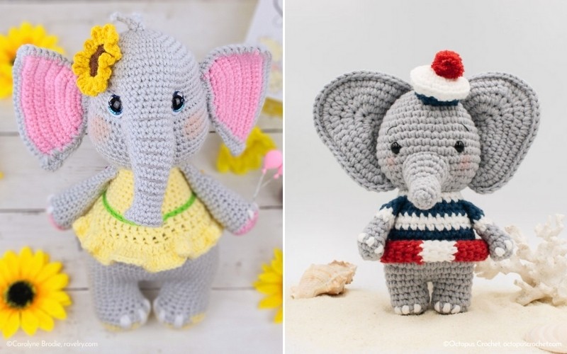 Two crocheted elephant toys: left in a yellow dress with a flower headpiece, right in a sailor outfit with a red and white hat. Sunflowers and small seashells adorn the background, showcasing charming Amigurumi Elephant Patterns.