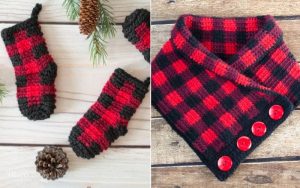 Left: Red and black buffalo plaid knitted mittens and socks on a wooden surface. Right: Crochet-inspired red and black plaid scarf with red buttons. Pine branches and a pine cone nearby, offering cozy ideas perfect for winter warmth.