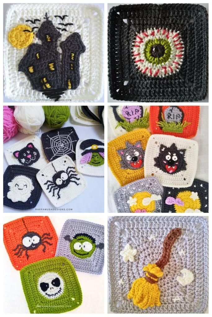 Six collages of Halloween crochet patterns featuring haunted houses, eyeballs, cats, spiders, witches, ghosts, and broomsticks as seasonal Halloween decor.