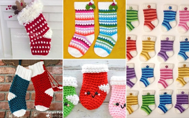 A collage of vibrant Christmas stockings showcases an array of colorful crocheted designs and patterns, celebrating the festive spirit.