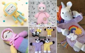 A vibrant collage of crocheted treasures: a robot, pink bear, unicorn with a rainbow mane, sleeping dolls, and panda-themed hand puppets. Perfect crochet ideas for creating cuddly softies that spark joy and imagination.