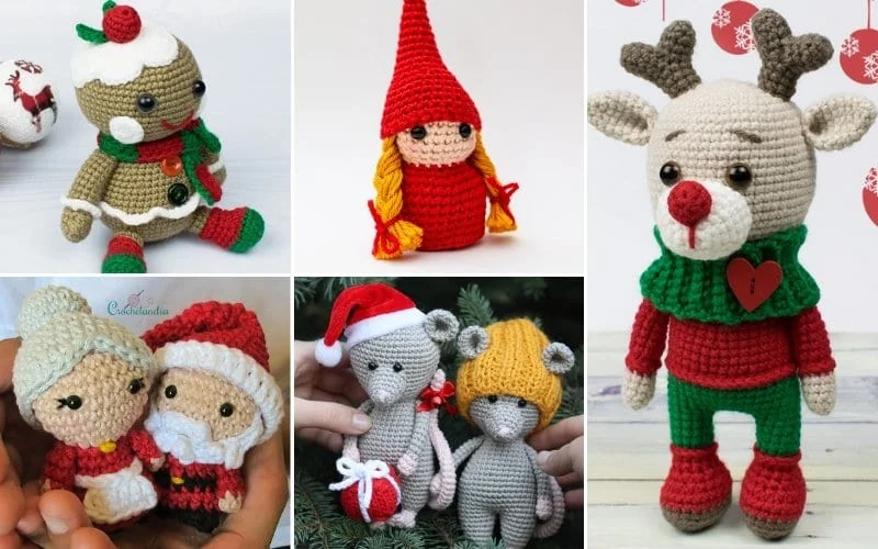 Cute crocheted holiday-themed amigurumi toys, featuring a gingerbread, gnome, reindeer, Santa couple, and two mice in winter attire, arranged in a festive grid layout.