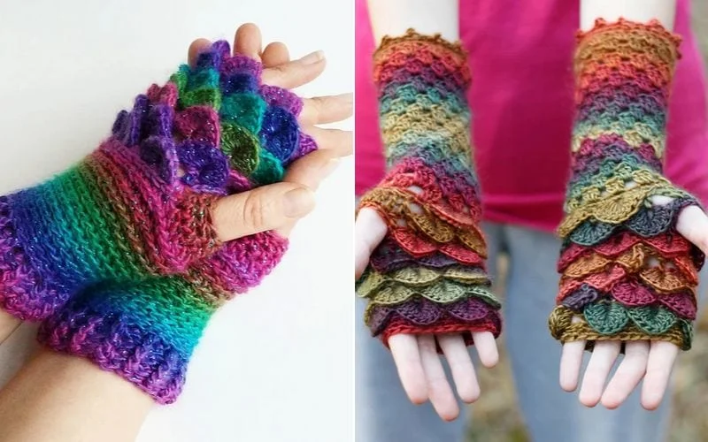 Crocheted fingerless mitts showcasing a vibrant, dragon scale pattern elegantly displayed on hands.