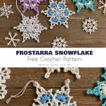 Colorful crocheted snowflakes and wooden decorations adorn a table beside a banner that reads 