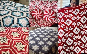 Discover five crochet blanket patterns, featuring festive snowflake designs and geometric styles in red, white, blue, and gray hues. Complementing this cozy collection are two delightful candy swirl pillows.