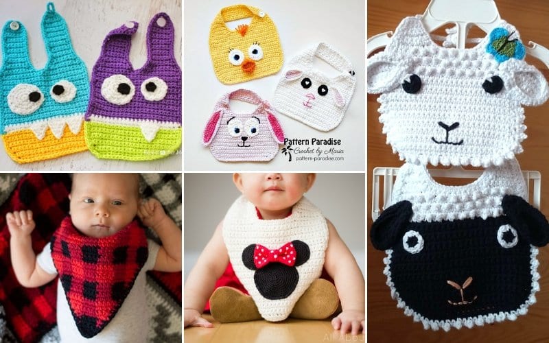 A collection of sweet crochet bibs featuring colorful animal and monster designs, displayed next to infants wearing bibs shaped like a fox and Minnie Mouse.