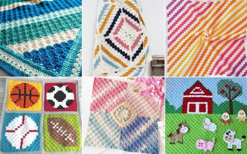 A versatile collage of colorful crochet blankets showcases a range of patterns and themes, including geometric C2C designs, sports balls, and a farm scene with animals.