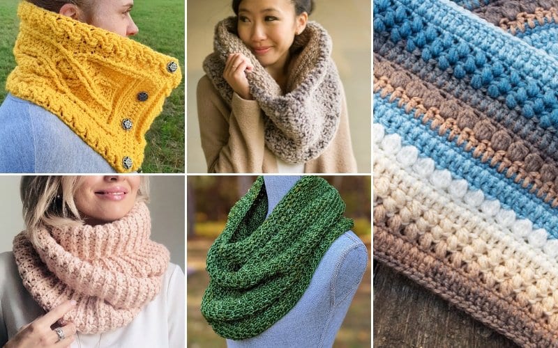 Collage of five images showcasing various crocheted scarves and cowls in different colors and textures, featuring unique crochet cowl patterns.