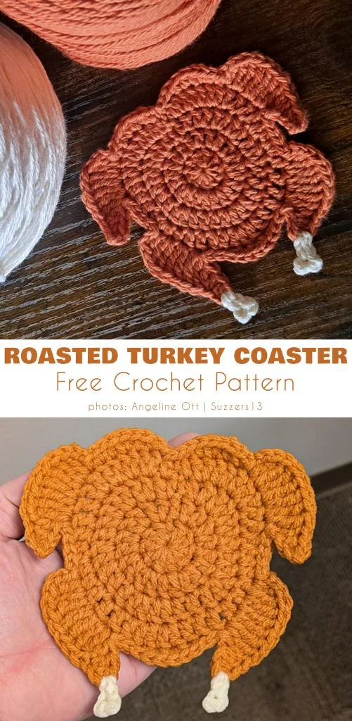 Crocheted coasters shaped like amigurumi turkeys, one on a table and another held in hand. Text advertises a free crochet pattern.