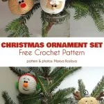 Crochet Christmas tree ornaments, featuring charming snowmen, penguins, and green frogs, elegantly displayed on a pine branch. Text reads: 