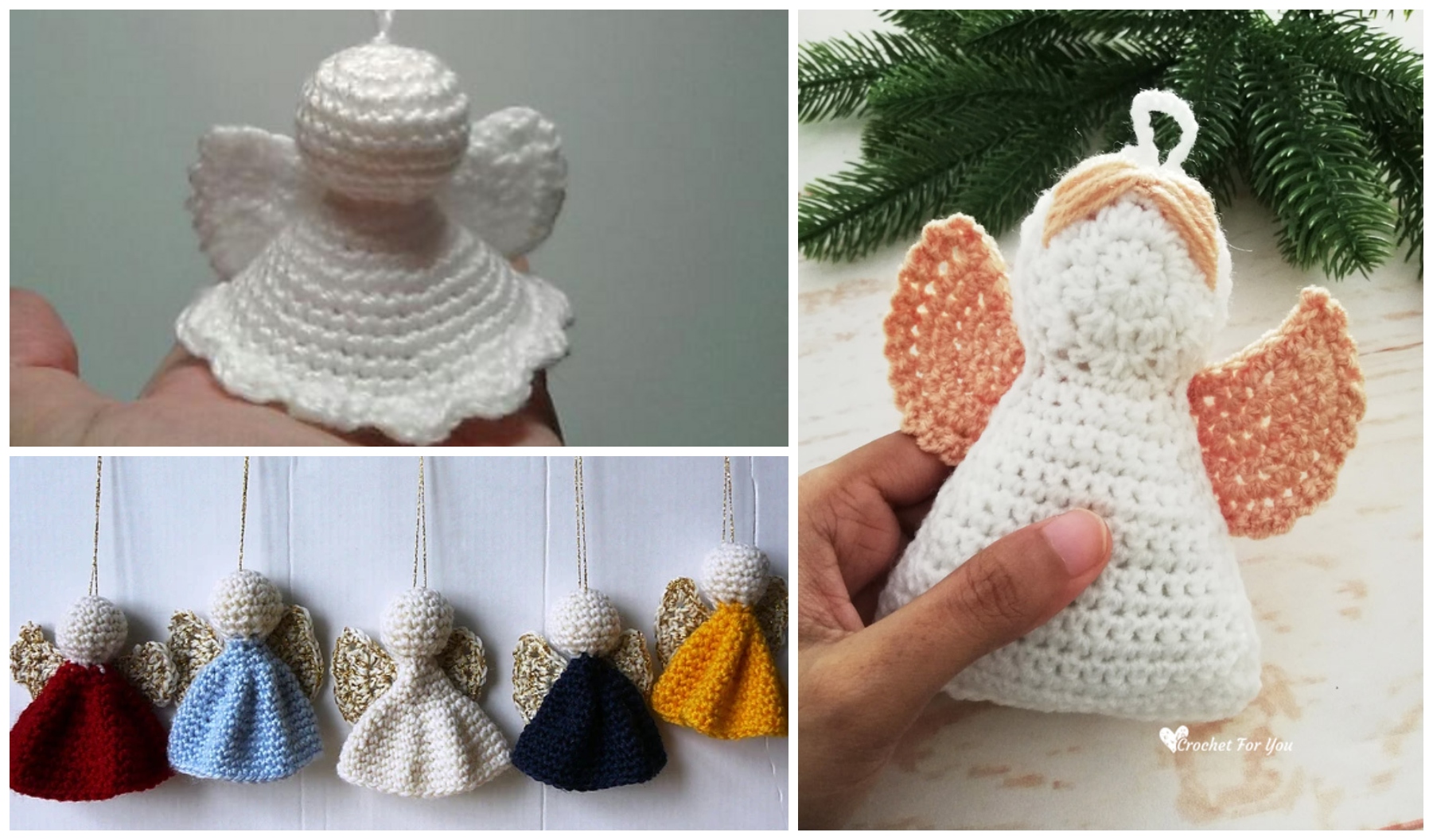 A collage of angel ornaments showcases a white crocheted angel delicately held in a hand, multicolored hanging angels, and a larger white angel with peach wings nestled near greenery.