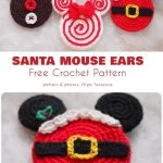Colorful crocheted mouse ears with festive designs, including Santa, reindeer, and peppermint patterns—perfect for those looking for creative crochet patterns or free patterns to pair with a cozy winter hat.