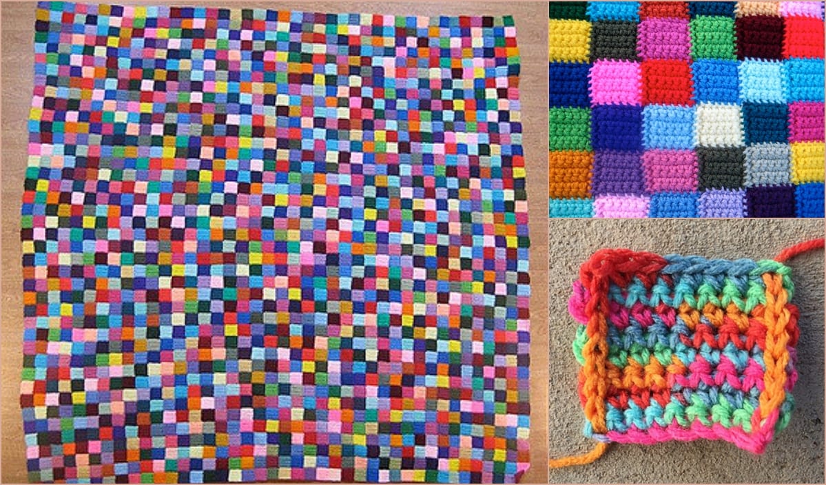 Multicolored crochet squares and rectangles form a captivating patchwork style afghan on the left, with close-up views of intricate crochet patterns on the right.