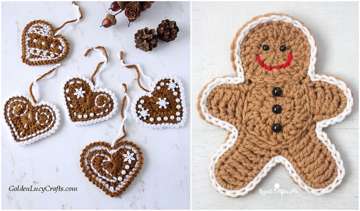 Crocheted heart and gingerbread man ornaments, crafted from free crochet patterns, boast intricate white and black details. These charming creations are elegantly displayed alongside rustic pinecones.