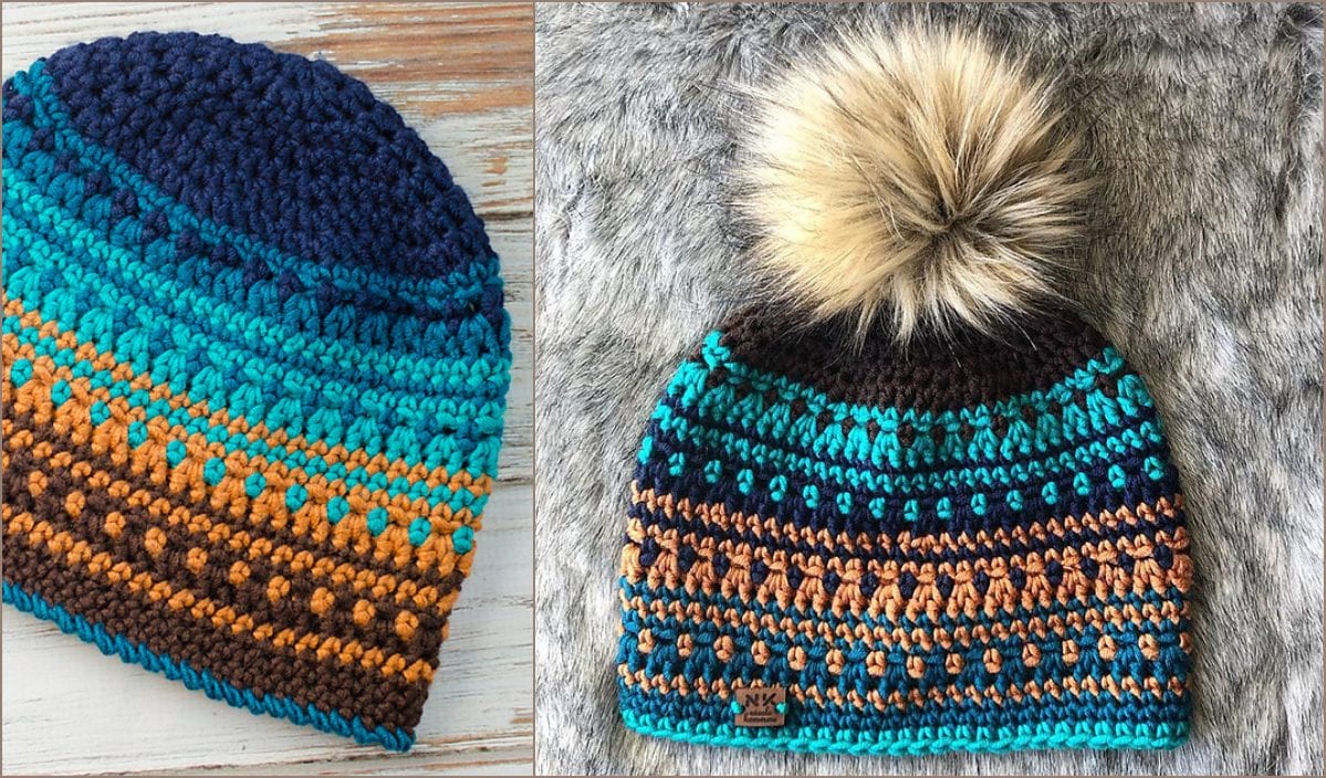 Two crochet hats: a simple multicolor beanie in blue and orange, and another adorned with a faux fur pom-pom, both featuring the same vibrant colors.