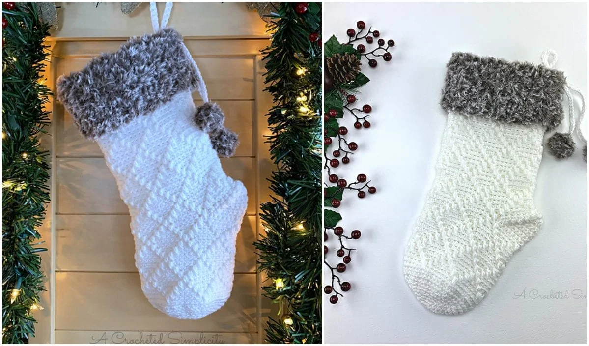 Two white knit Christmas stockings with textured patterns and fuzzy gray cuffs, adorned with pom-poms, displayed against a festive holiday background.