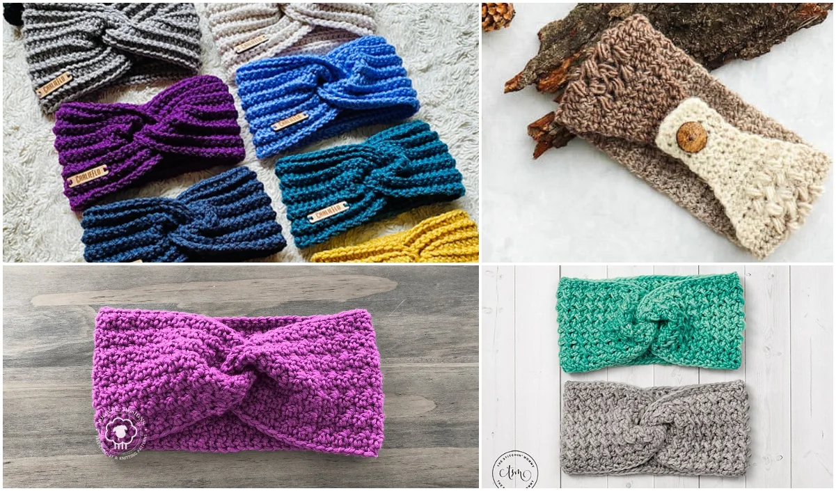 A collage of knitted and crocheted headbands, featuring crochet earwarmers in an array of colors and styles, including twisted and buttoned designs.