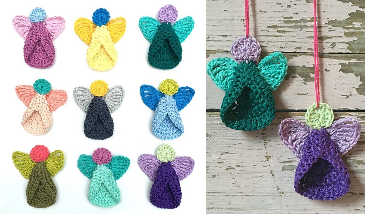 Easy angel ornaments for beginners are beautifully crocheted in various colors, gracefully displayed on a white surface, with two more elegantly hung on a wooden background.