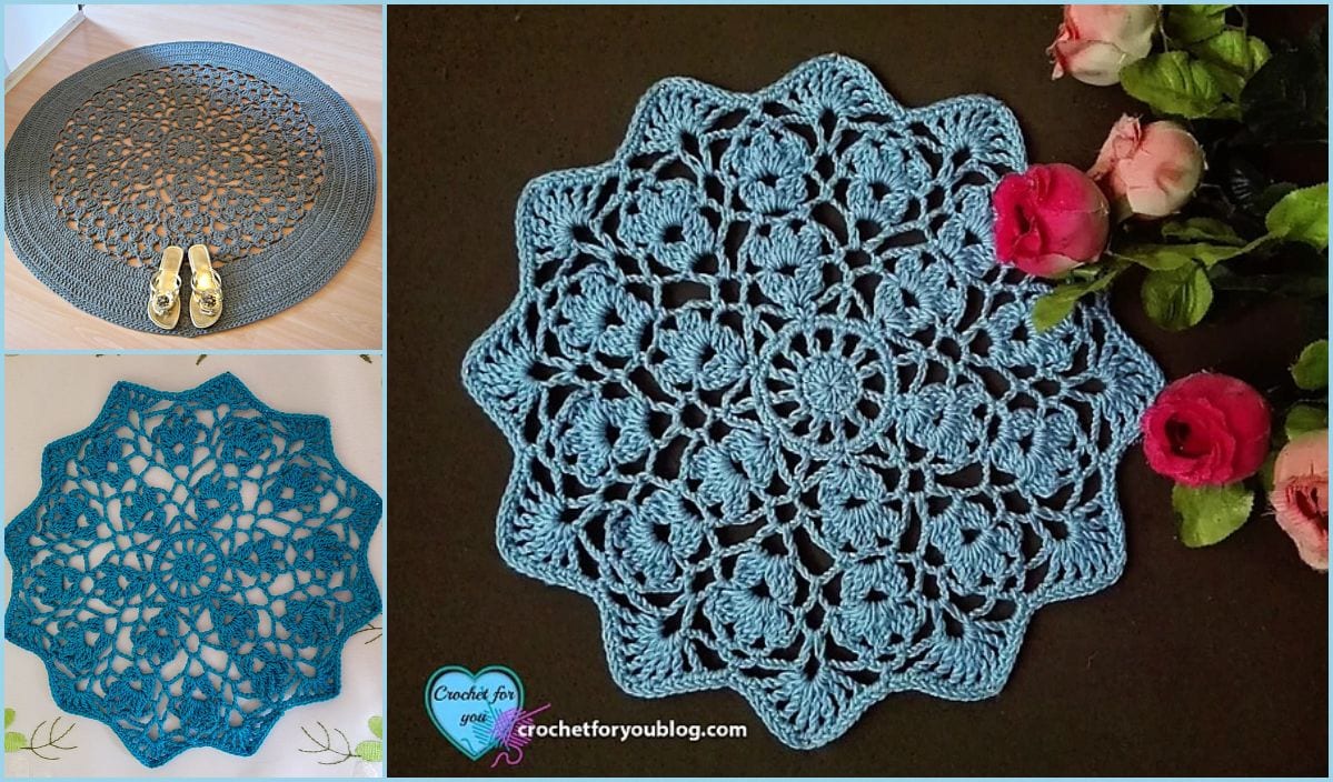 A collage of three crochet designs: a round flower doily mat with slippers, a blue geometric pattern, and a crochet piece adorned with pink and red roses—all showcasing exquisite free crochet patterns.