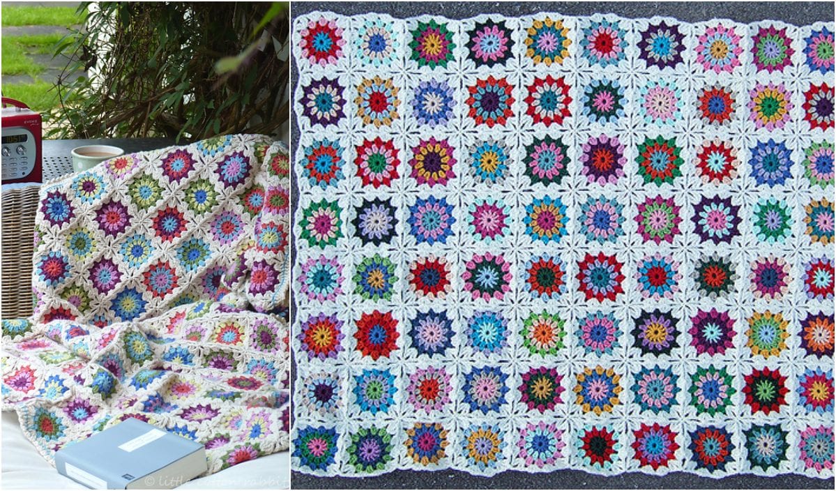 Discover the vibrant Winter Flower Blanket, depicted in a stunning outdoor setting with a close-up on the left and the full view on the right. Dive into free crochet patterns to create your own masterpiece, bringing warmth and color to any chilly day.