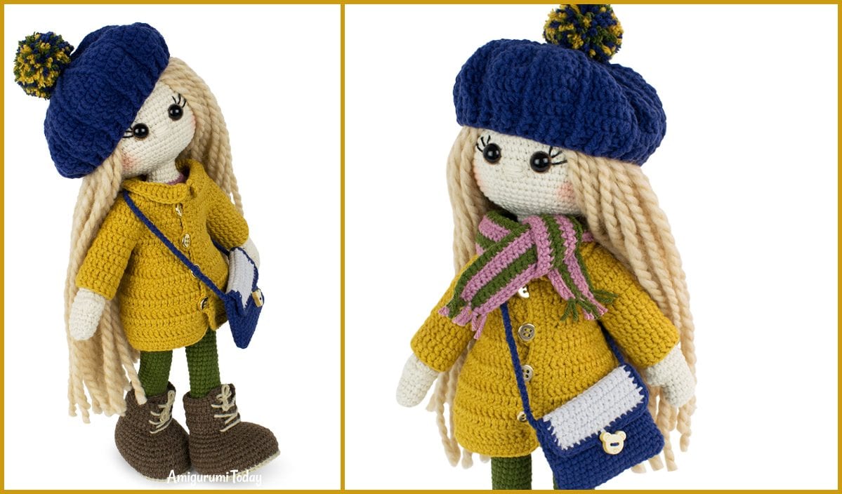 Discover the charming dress-up doll, perfectly styled in a yellow coat, blue beret, scarf, green pants, and brown boots. With long blond hair and a blue shoulder bag, this crocheted beauty comes to life with intricate crochet patterns. Ideal for adding flair to any collection!