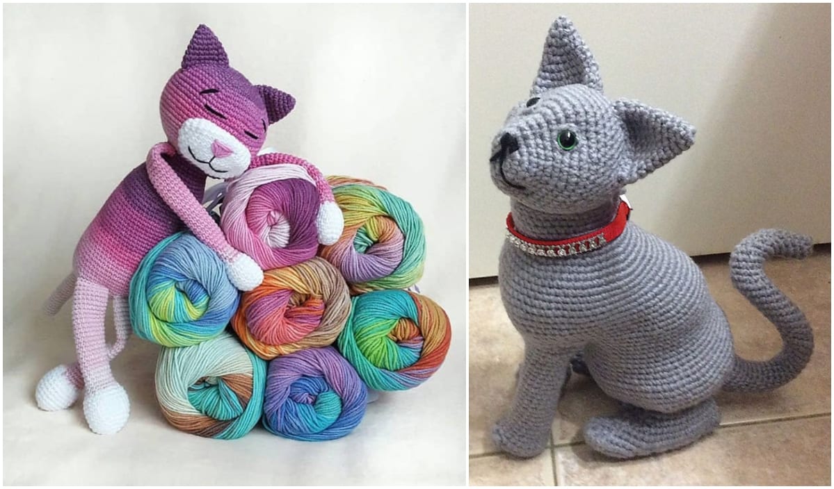 Two crochet cats: one pink cat hugging colorful yarn balls, and a big amigurumi gray cat with a red collar sitting upright on the floor.