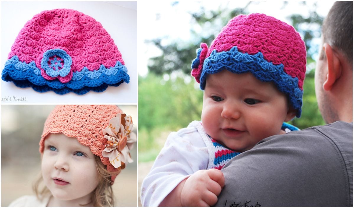 Three images showcase adorable creations: a pink and blue crochet beanie, a baby delightfully modeling it, and a child wearing another pink hat adorned with a flower. Perfect for those in search of inspiring crochet patterns.