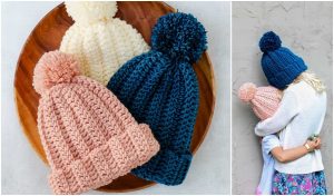 Three knitted beanies with pom-poms are displayed on a wooden surface; a woman and child wearing similar hats hug against a gray wall. Discover the charm of handmade warmth with our free patterns for you to try at home.