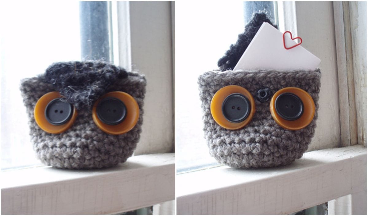 Two images of delightful mini owlets with button eyes, one clutching a note adorned by a red heart-shaped paperclip.