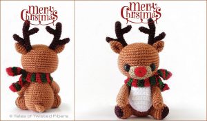 A charming crocheted reindeer amigurumi with a festive scarf, antlers, and a red nose sits on a white surface. "Merry Christmas" text hovers above, capturing the holiday spirit. Discover free crochet patterns to create your own delightful holiday companion.