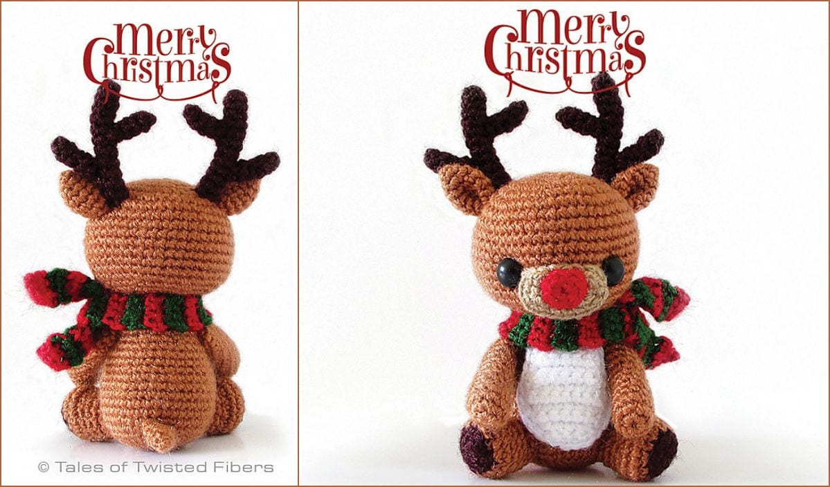 A charming crocheted reindeer amigurumi with a festive scarf, antlers, and a red nose sits on a white surface. "Merry Christmas" text hovers above, capturing the holiday spirit. Discover free crochet patterns to create your own delightful holiday companion.