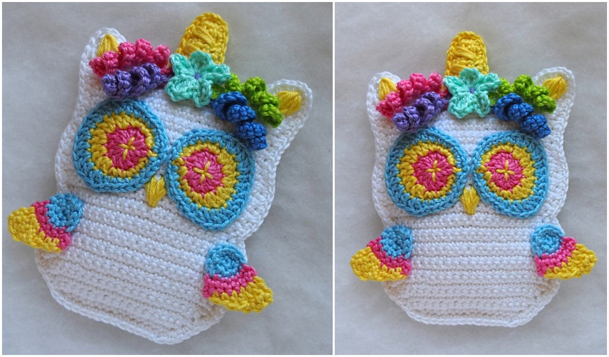 Discover the Easy Owl, a delightful crocheted design adorned with colorful accents. Featuring blue and pink eyes, yellow wings, and a charming floral crown, this owl brings vibrant whimsy to your space. Perfect for those exploring free crochet patterns!