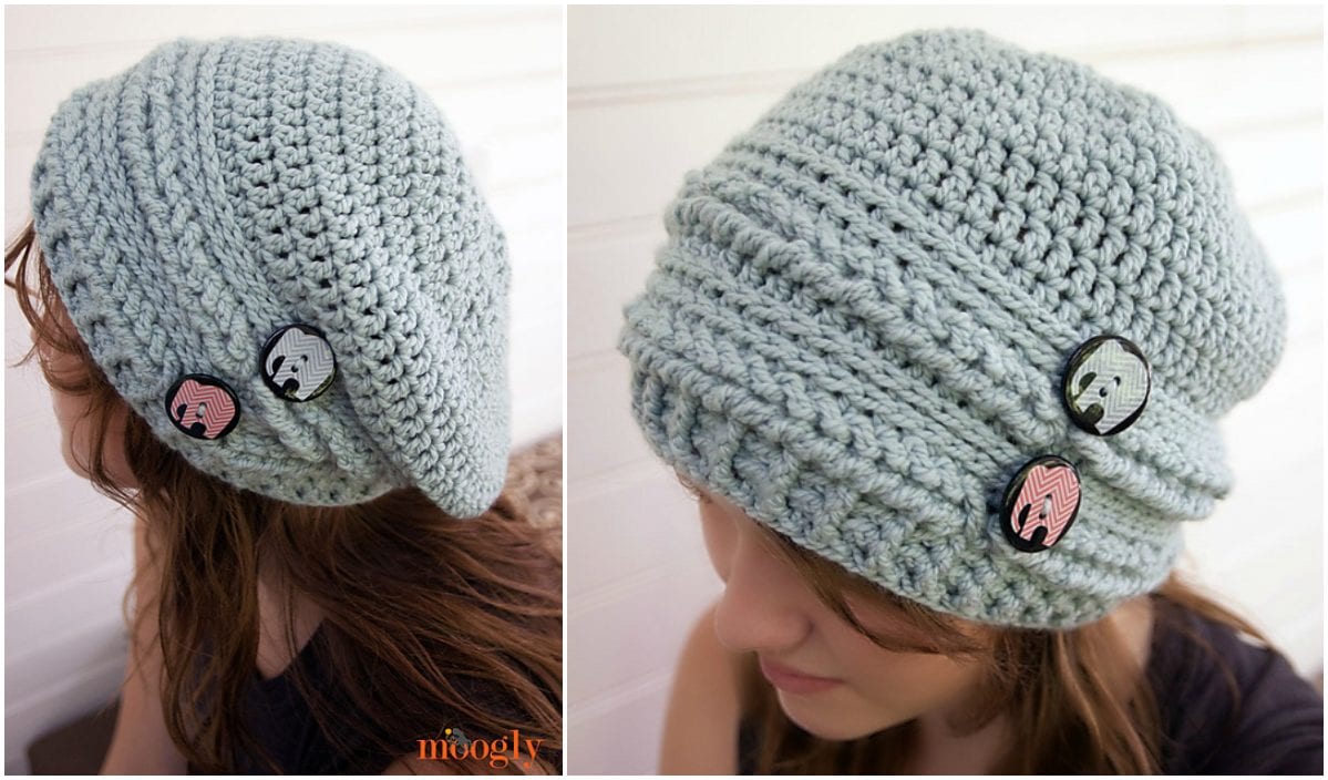 Person wearing a light gray crocheted slouchy beanie with two decorative buttons on the side, effortlessly styled like creating an easy angel ornament for beginners.