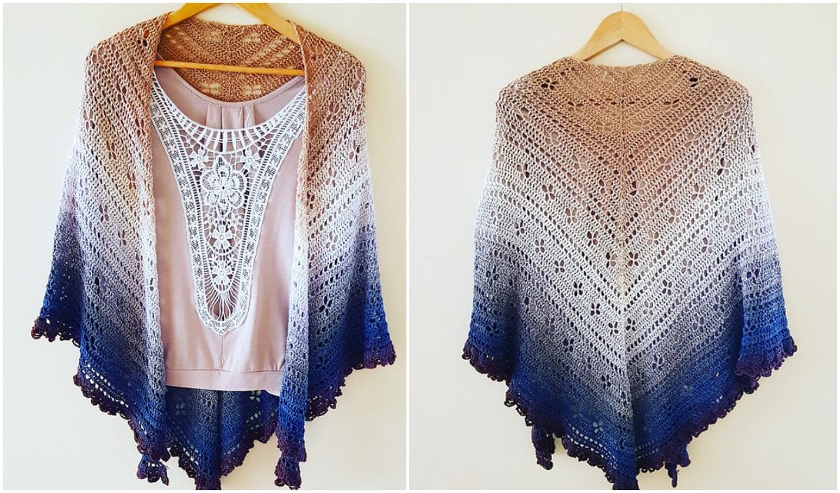 Gradient crochet shawl with shades of beige to deep blue, elegantly draped over a crochet-detailed top on the left and showcased flat on a hanger on the right. Explore free crochet patterns to craft your own beautiful gradient shawl masterpiece.