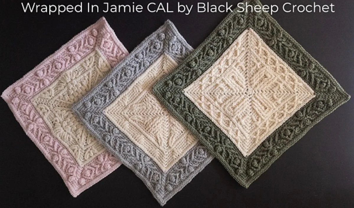 Three intricately crocheted square patterns, showcasing pink, gray, and green color schemes, are arranged side by side on a dark background. Perfect for any Blanket CAL project.