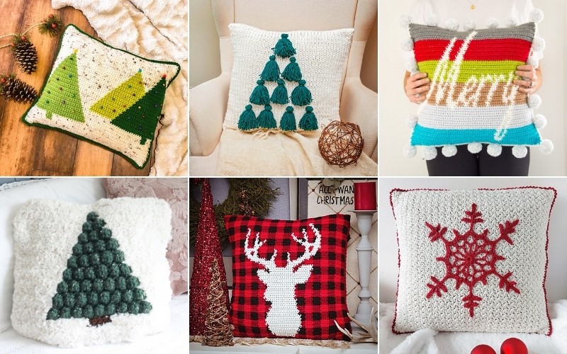 Six distinct crochet Christmas pillows with various festive designs, including trees, a reindeer, "Merry," and a snowflake pattern, displayed in a grid layout.