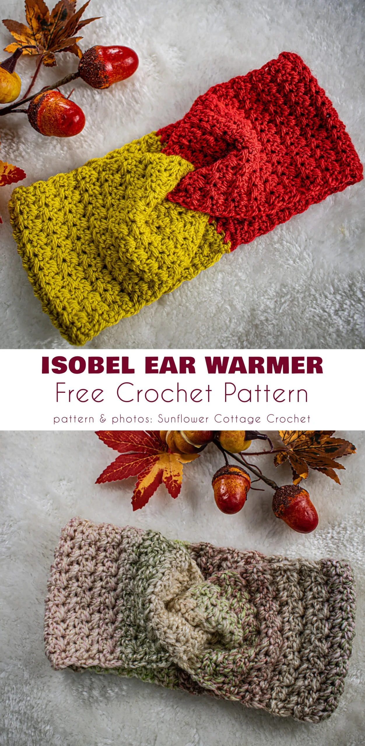 Three crochet ear warmers in red, yellow, and multicolored yarn are displayed on a textured surface with autumn leaves and acorns, highlighting crochet ear warmers free patterns for fall.