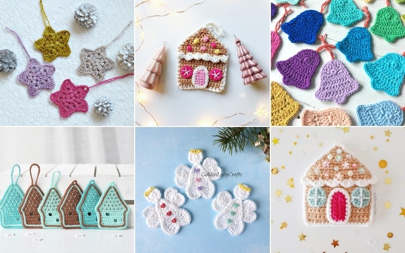 A collage of crocheted holiday ornaments: stars, gingerbread houses, trees, and angels in various colors and patterns showcases delightful Christmas applique crochet patterns.