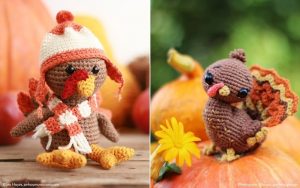 Two amigurumi turkeys: one wearing a charming hat and scarf, the other flaunting a decorative tail, both set against a festive pumpkin background.