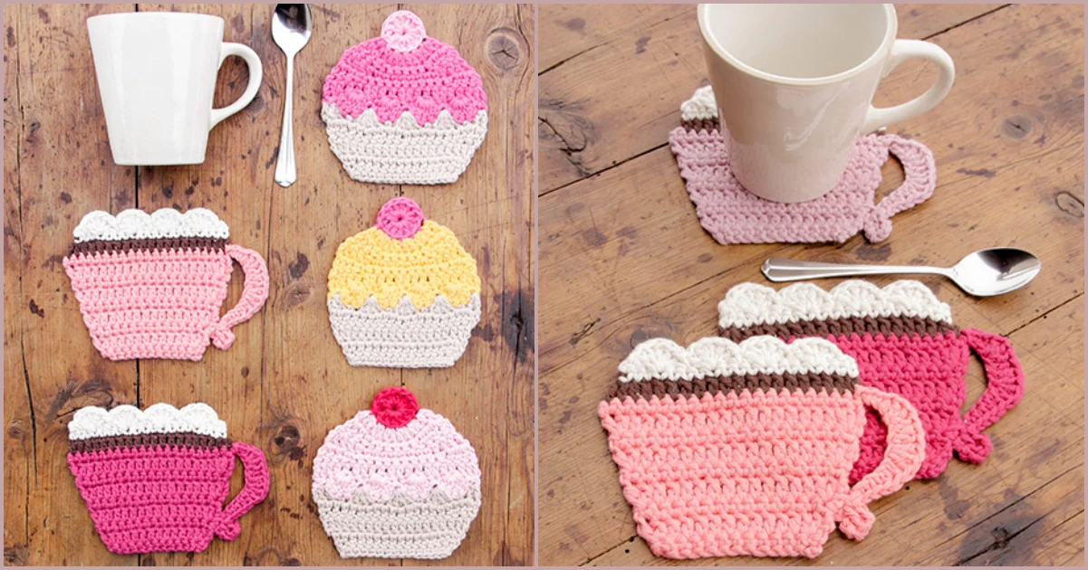 Crocheted coasters crafted using free crochet patterns are shaped like teacups and cupcakes, beautifully arranged beside a white mug and spoon on a wooden surface.