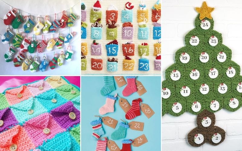 Collage of crochet advent calendars featuring intricate, numbered pockets and festive designs like socks, trees, and colorful squares.