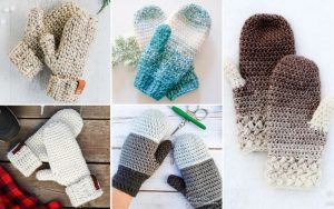 A collage showcases five pairs of knitted mittens, each boasting unique color patterns and textures. This display is perfect for beginners looking for inspiration in their crochet tutorial journey. Each pair is artfully arranged on diverse backgrounds.