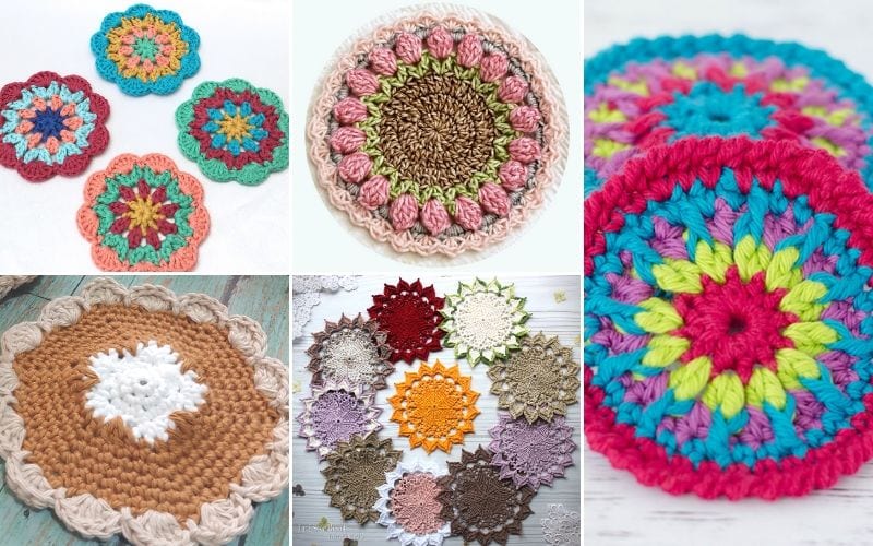 A collage of colorful crochet mandalas in various patterns and colors, each evoking the charm of a crochet coaster free pattern.