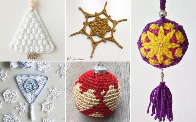 Five elegant crochet ornaments: a white Christmas tree, a golden star, a purple and yellow circle with tassel, a red and beige globe, and a blue triangle adorned with various snowflakes. These delightful Christmas decorations add charm to any festive setting.