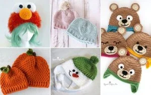A collage of fun, crocheted winter hats features delightful designs like Elmo, a bear, and a carrot, complete with playful pom-pom embellishments. Perfect for babies, these cozy creations are displayed on a mannequin and flat surfaces.