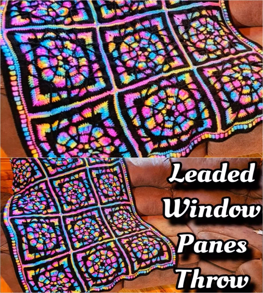 Leaded Window Panes crochet throw with colorful stained glass-inspired sections and dark outlines
