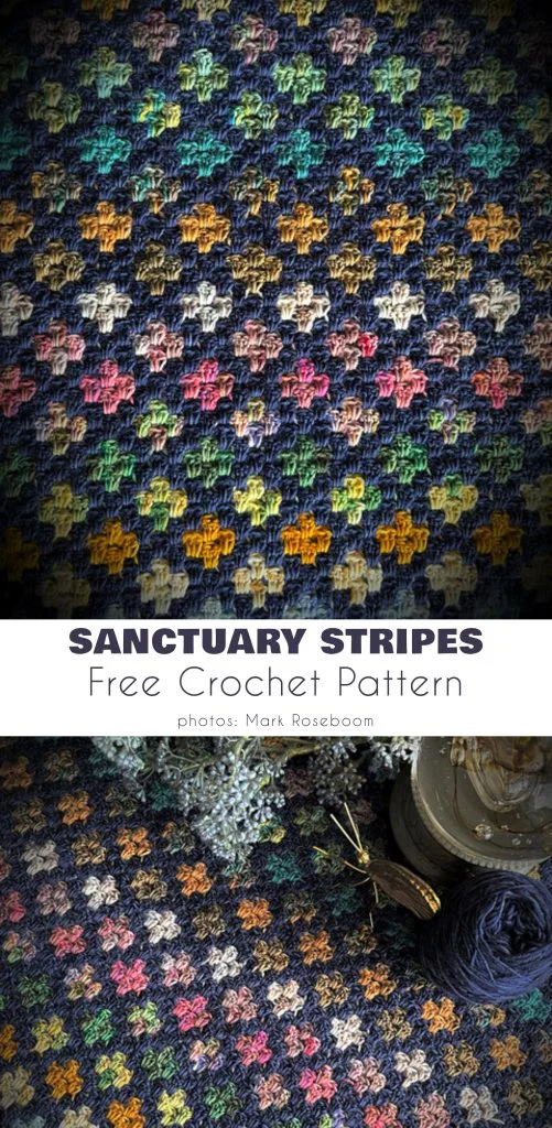 Sanctuary Stripes crochet blanket featuring colorful stripes and a stained glass-inspired design