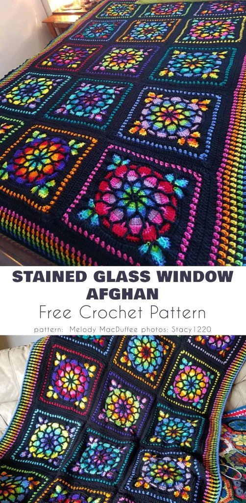 Stained Glass Window crochet afghan with colorful mosaic motifs and dark borders